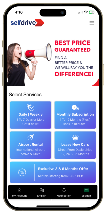 A cell phone showing a SelfDrive car rental application with offers and booking options