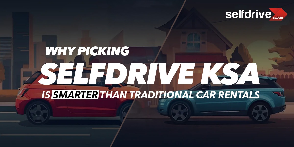 Illustration of two cars facing each other on a suburban street, one red and one blue, with text: "Why picking Selfdrive KSA is smarter than traditional car rentals" in bold white.