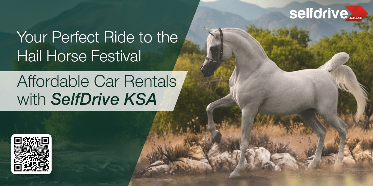 A majestic white horse stands elegantly in a lush landscape. Text promotes affordable car rentals for the Hail Horse Festival. Includes a QR code.