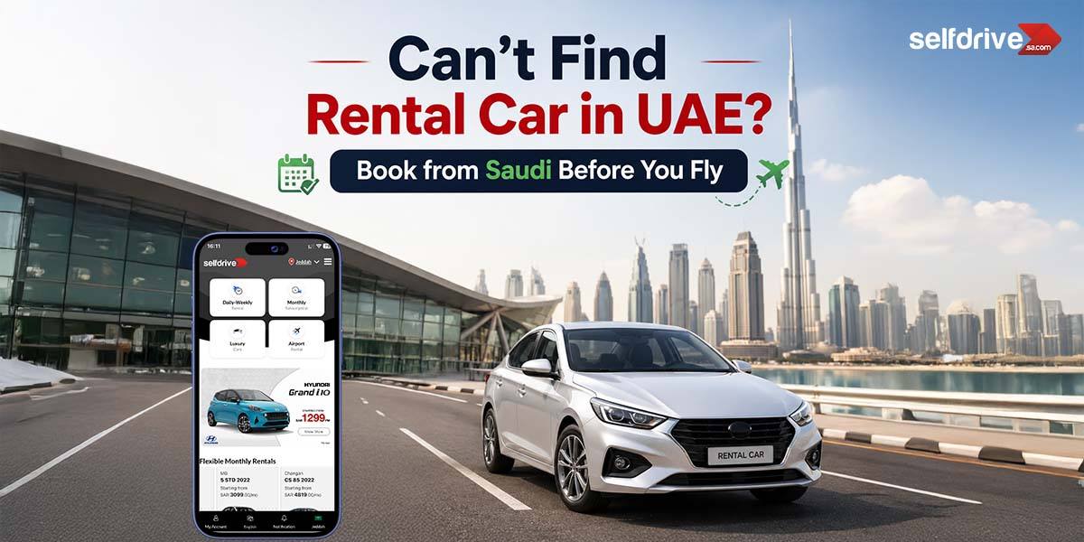 Alt text: A sleek rental car on a Dubai road with the city skyline and Burj Khalifa in the background. Smartphone screen shows a car rental app. Text reads: 
