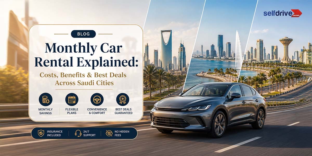 A dark sedan drives on a road with a cityscape in the background; text promotes monthly car rental in Saudi cities, highlighting savings, flexible plans, and other rental benefits.