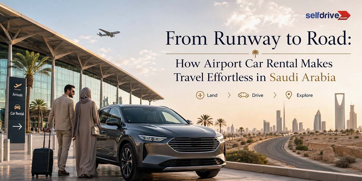 A man and woman with luggage stand by a car at an airport terminal in Saudi Arabia, with a plane taking off and city skyline in the background. Text promotes airport car rental.
