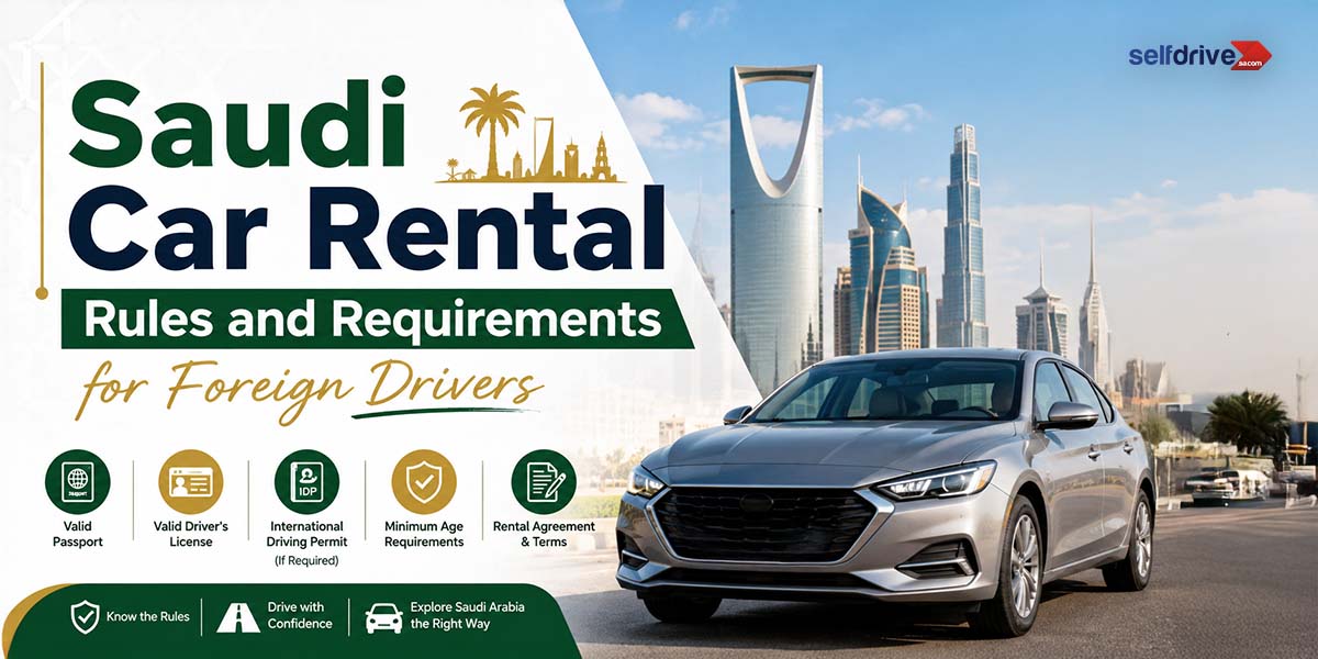 Promotional image for Saudi car rental, featuring a modern silver car against Riyadh's skyline. Text outlines rules for foreign drivers, including valid passport, driver's license, international permit, age requirements, and rental terms. Logos at the bottom emphasize driving with confidence.