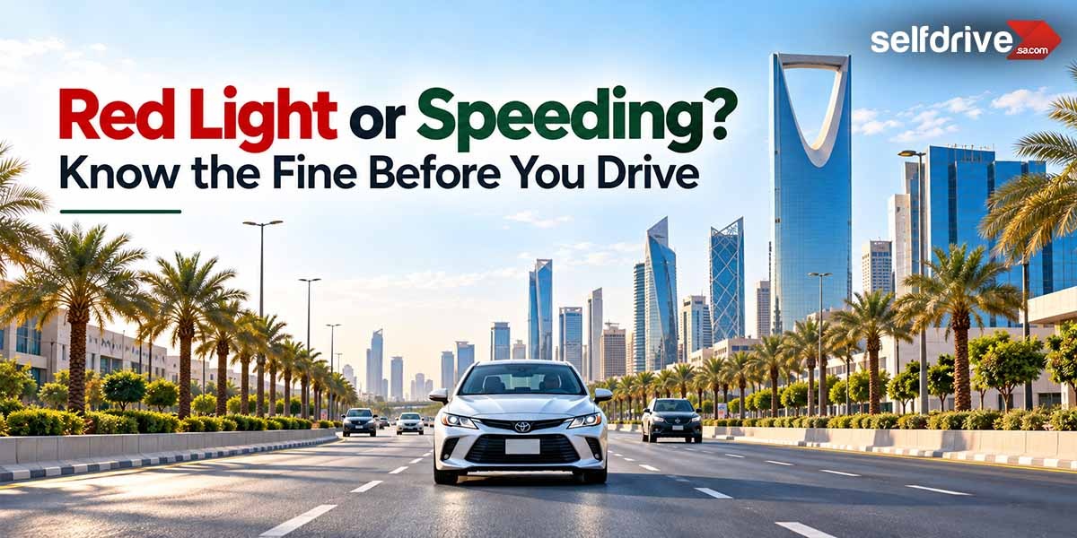 An informative image depicting a red traffic light with text about fines for speeding and running red lights for drivers.