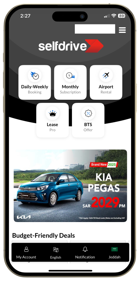 A cell phone showing a SelfDrive car rental application with offers and booking options